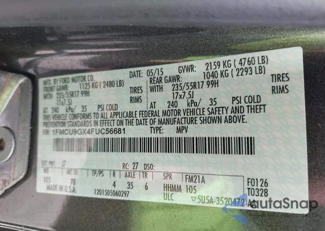 2015 Ford Escape Se из США, поврежденный, VIN 1FMCU9GX4FUC56681